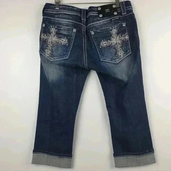 MISS ME BLING STUDDED EMBROIDERED CROSS CROP DENIM JEAN - Picture 2 of 9